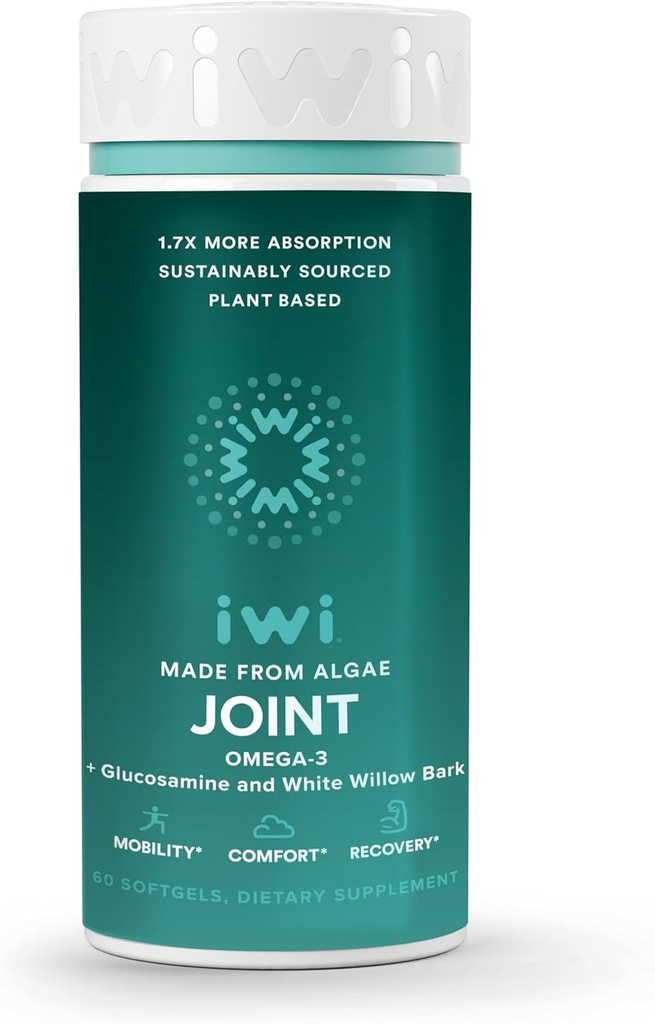 Iwi Life Joint Omega-3, 60 Softgels (30 portions), Algae Omega-3 à base de plantes avec la glucosamine, le supplément alimentaire de soutien de la mobilité, l'huile de Krill et de poisson alternative, sans arrière-goût de poisson
