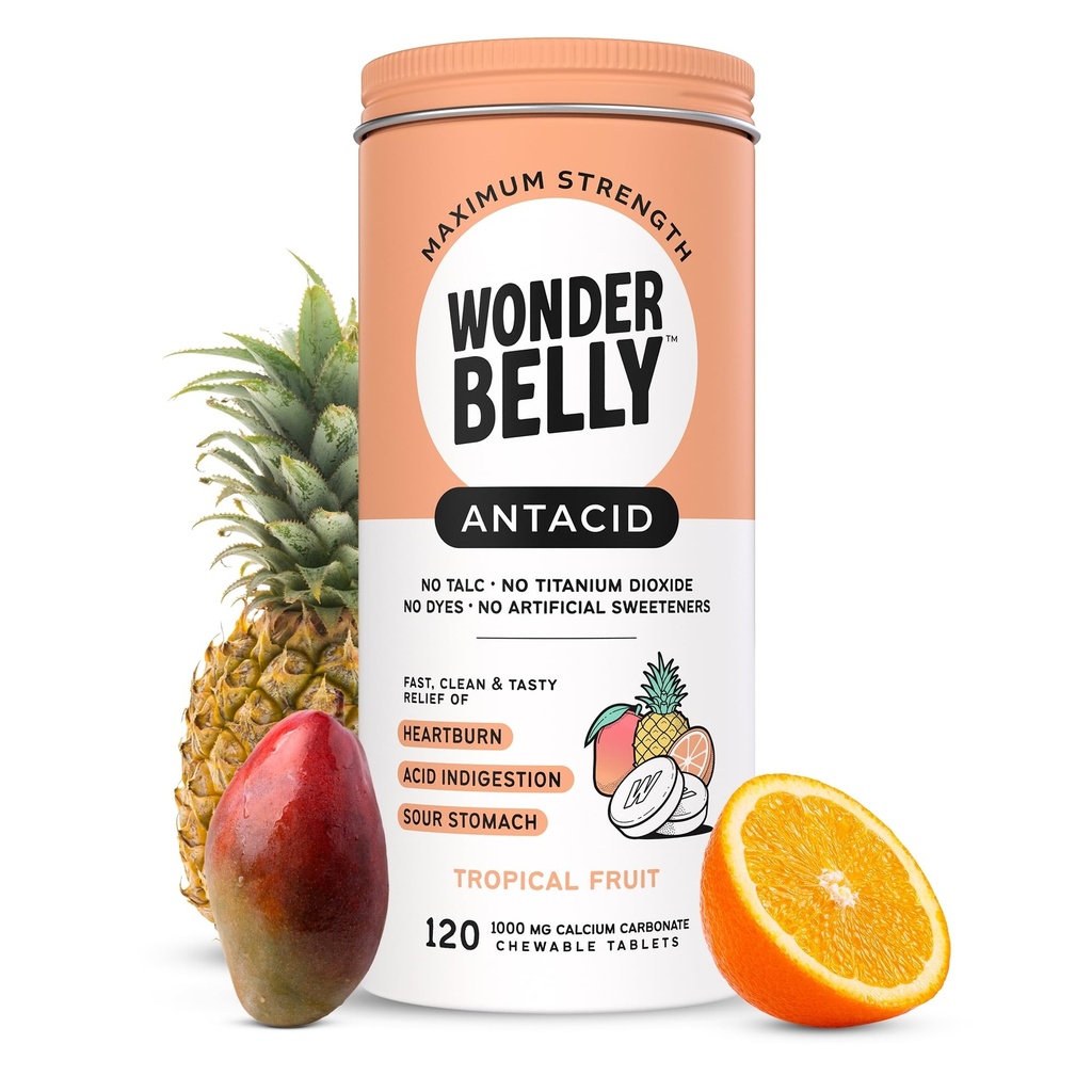 Antiacide de Wonderbelly, soulagement efficace des brûlures d'estomac et de l'indigestion instantanée de l'acide, comprimés à croquer d'une force supplémentaire, carbonate de calcium de 1000 mg, sans talc ni colorant, fruits tropicaux, 120 Nombre