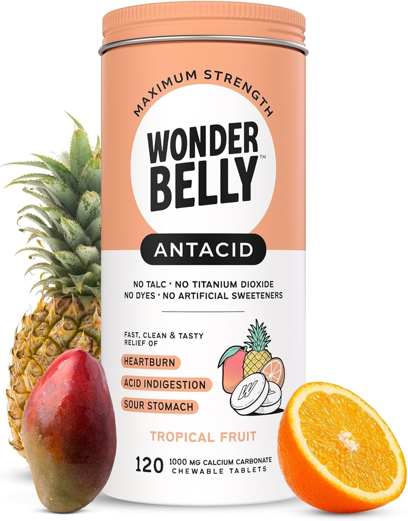 Wonderbelly Antacid, Effective Heartburn and Instant Acid Indigestion Relief, Extra Strength Chewable Tablets, 1000 mg Calcium Carbonate, No Talc or Dye, Tropical Fruit, 120 Count