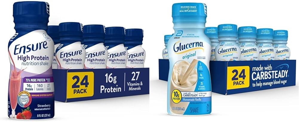 Ensure High Protein Nutrition Shake 24 Pack & Glucerna Diabetic Nutritional Shake Blood Sugar Management 24 Count