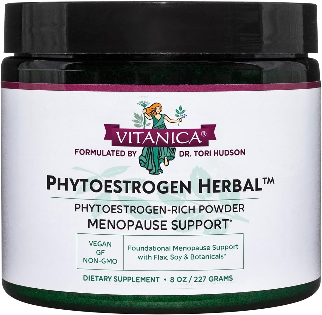 Vitanica Phytoestrogen Herbal Non-OGM PMS, Supplément de soulagement de la ménopause pour les femmes, équilibre hormonal, sucres de nuit et de secours flash chaud, Isoflavones de soja, végétalien, poudre 8 Oz (Phytoestrogen Herbal)