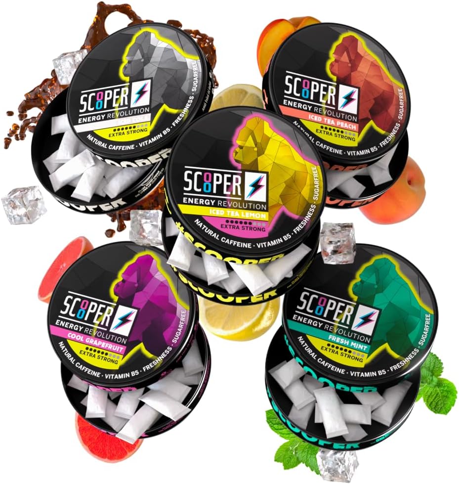 Scooper Energy I 5 canettes I All-in-One-Box I Energy Pouches Sans sucre I 80 mg Caféine naturelle Tous les plats Pack I 12 Pouches I Pamplemousse fraîche, menthe fraîche, col glacé, pêche glacée et thé au citron