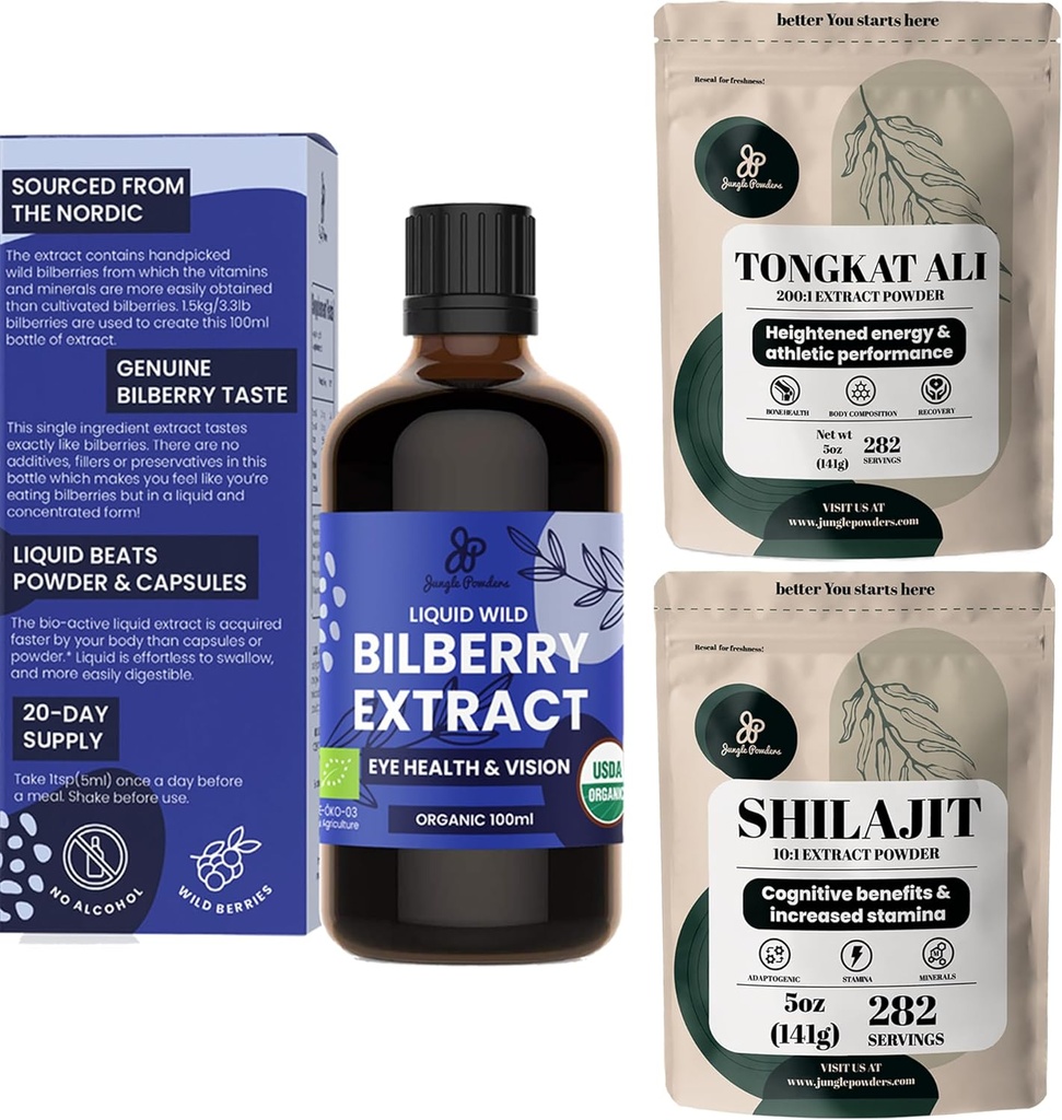 Poudres de Jungle Extrait de Bilberry pour Yeux Supplément bio de Bilberry pour Yeux, Poudre de Shilajit Raw Shilajit pour Homme 5 Ounce Bag, Tongkat Ali pour Homme Poudre 282 Servants Root Tonkat-Ali Longjack