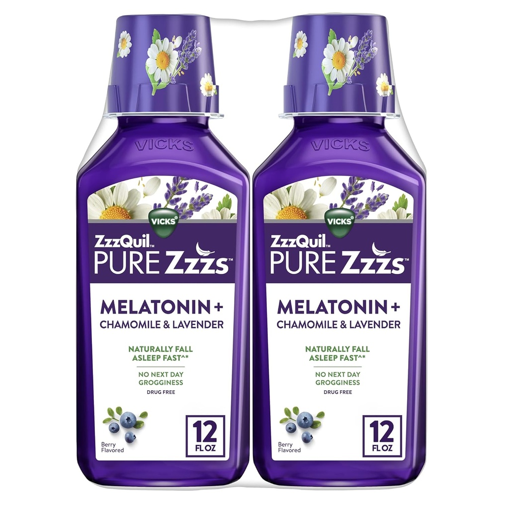 ZzzQuil Zzz pur Melatonine liquide, aide au sommeil, Melatonine liquide 2mg, avec camomille et lavande, Asleep d'automne rapide, Melatonine aide au sommeil pour les adultes, Berry Aromatisé, 2 Pack, 24 FL OZ
