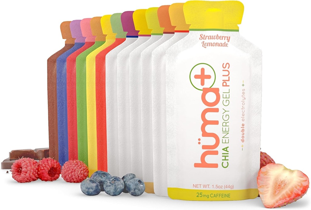 Huma Plus (Double Electrolytes) Gel Chia Energy, lot de variétés - Stomach Friendly, gels d'énergie alimentaire réelle (6 gels originaux et 6 gels plus)