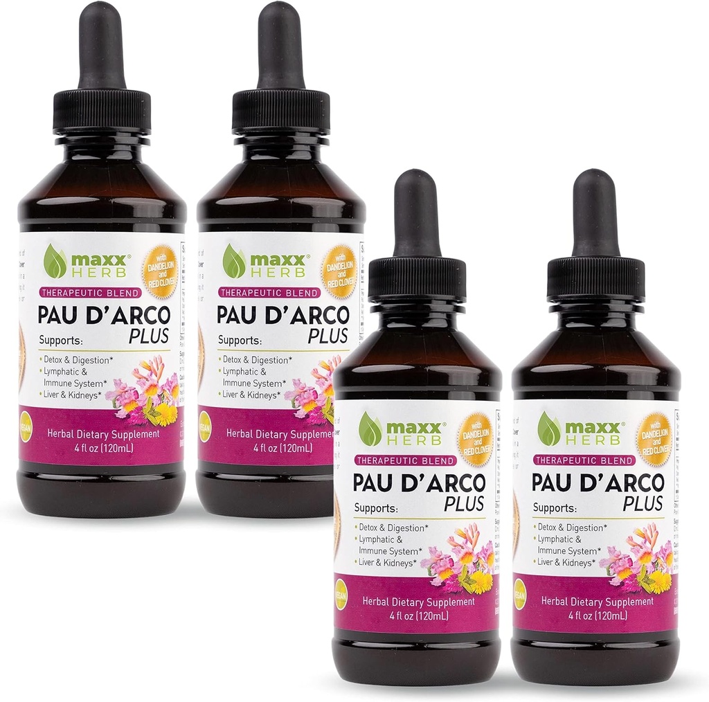 Maxx Herb PAU D’Arco Extract with Dandelion Root & Red Clover Therapeutic Blend, PAU Darco Tincture Absorbs Better Than Taheebo Tea or Capsules, for Immune Support, 4 Bottles (240 Servings)