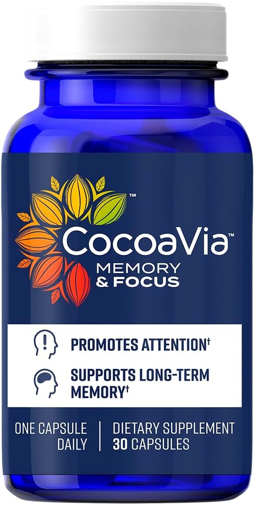 CocoaVia Memory & Focus Cerveau Supplément, 30 jours, Cocoa Flavanol Blend, Lutein, Ajout de caféine pour Boost. Améliorer la fonction cognitive, attention, végétalien et à base de plantes, 30 capsules