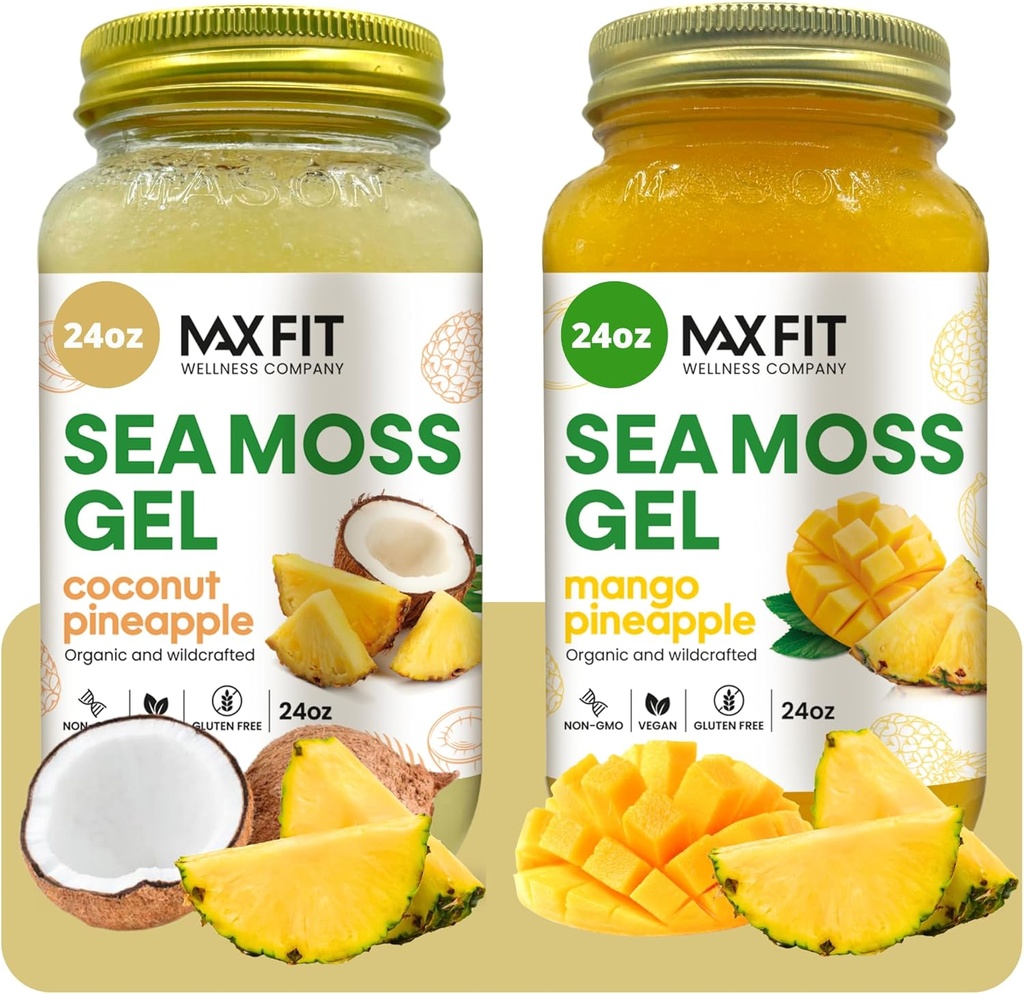 Gel de mousse de mer Bio cru (Bundle of 2 Jars 24oz) Ananas de noix de coco et ananas de mangue Wildсrafted Gold Gel de mousse de mer de Sainte-Lucie