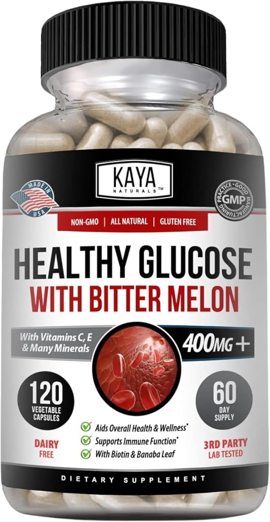 Kaya Naturals Gluco Healthy avec supplément de Bittermelon.Supportez des niveaux et des fonctions sains, 20 herbes vitamines et minéraux, acide alpha lipoïque, cannelle, vitamine C et E, non-OGM (120 Nombre)