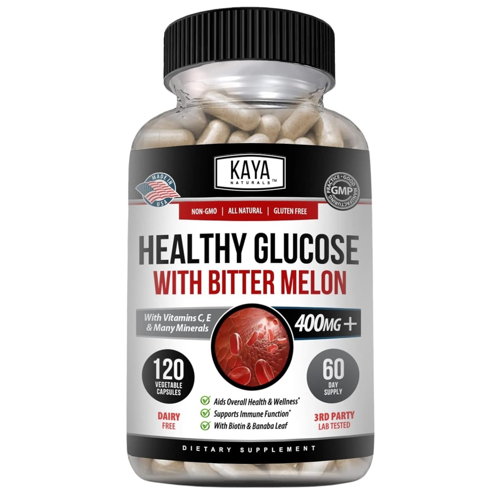 Kaya Naturals Gluco Healthy avec supplément de Bittermelon.Supportez des niveaux et des fonctions sains, 20 herbes vitamines et minéraux, acide alpha lipoïque, cannelle, vitamine C et E, non-OGM (120 Nombre)