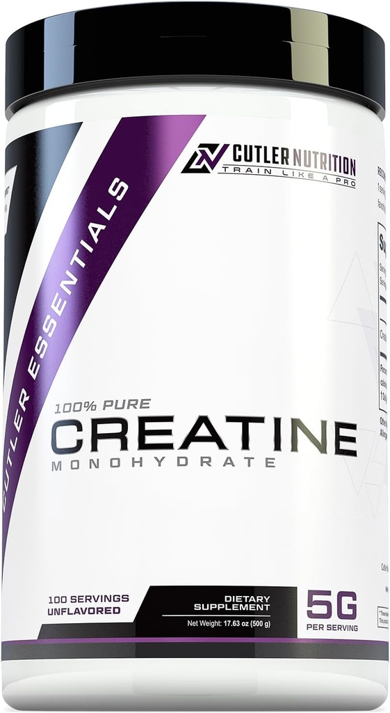 Cutler Nutrition Monohydrate de créatine pure - 5g par portion - Constructeur de muscles premium améliore la performance et la récupération de la force - Non aromatisé pour le mélange facile (100 portions)