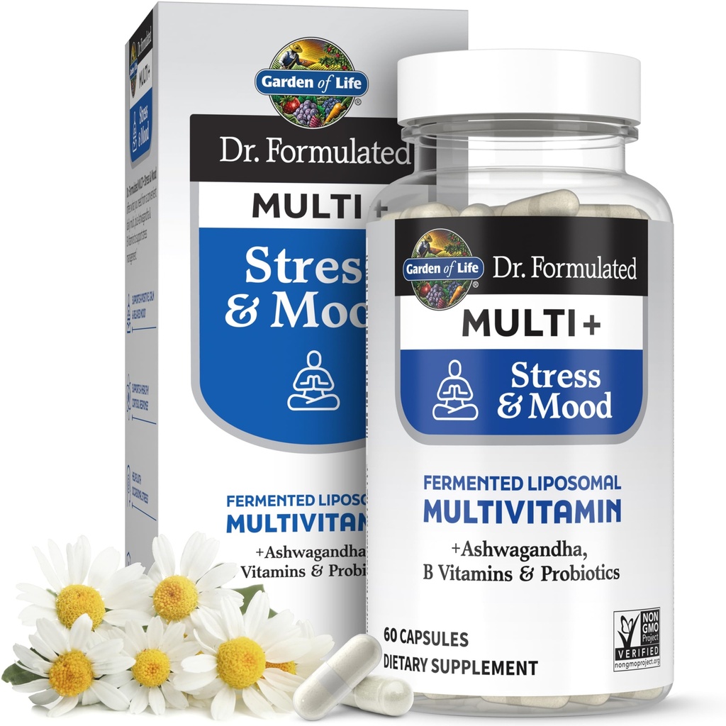Jardin de la vie Dr Formulé Multi+ Stress & Mood, Fermented Liposomal Multivitamine + Ashwagandha, B Vitamines et probiotiques - 60 Capsules, complément alimentaire complet Vitamine et minéral