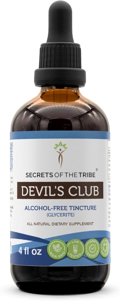 Secrets of the Tribe Devil's Club Tecture Extrait liquide sans alcool, Wildcrafted Devil's Club (Oplopanax horridus) Racine séchée (4 FL OZ)