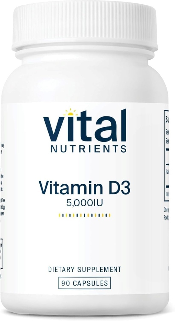 Éléments nutritifs vitaux Vitamine D 5000 UI de supplément Vitamine D3 d'os, de dents, de muscles sains* de fonctions cellulaires et immunitaires d'absorption de calcium de 90 capsules de gluten, de lait et de soja