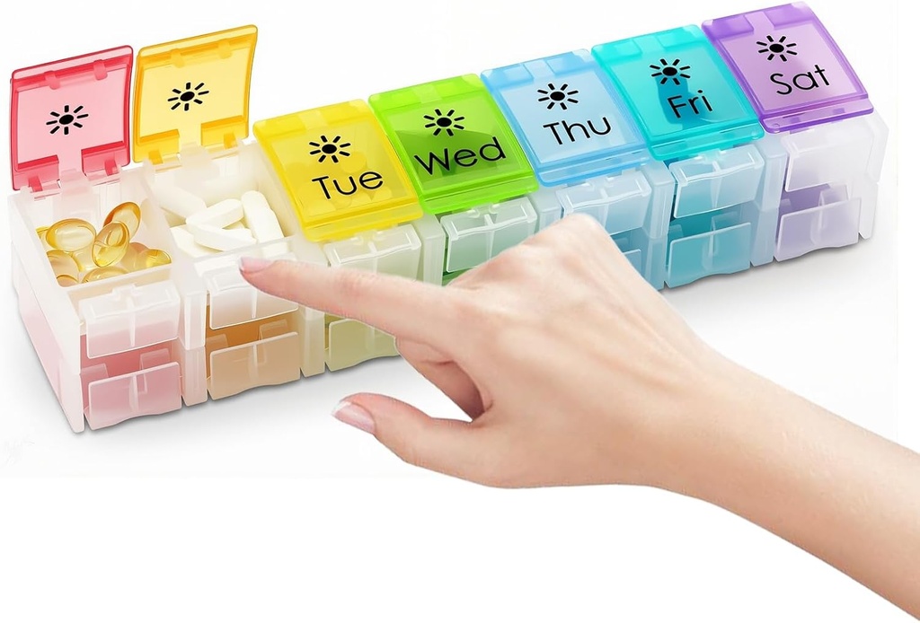 XL Large AM/PM Weekly Pill Organizer Arthritis Friendly, 2 fois par jour Pill Box avec Spring Open Design, boîtier vitaminé 7 jours avec compartiments bouton poussoir