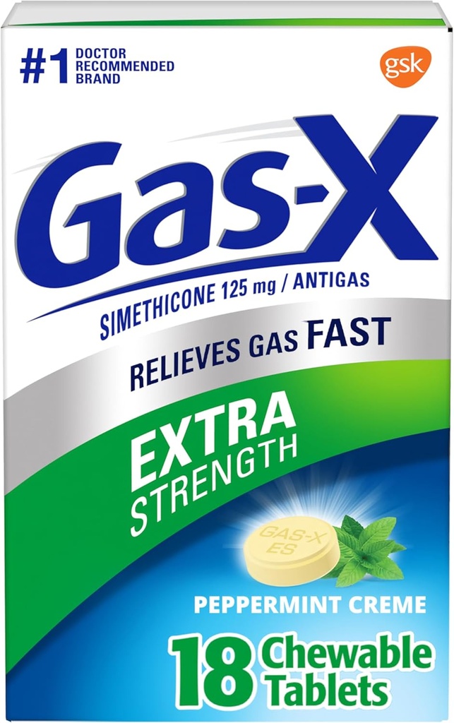 Comprimés de décompression de gaz à effet de serre extra-X avec Siméthicone 125 mg, Creme de menthe poivrée - 18 Compte