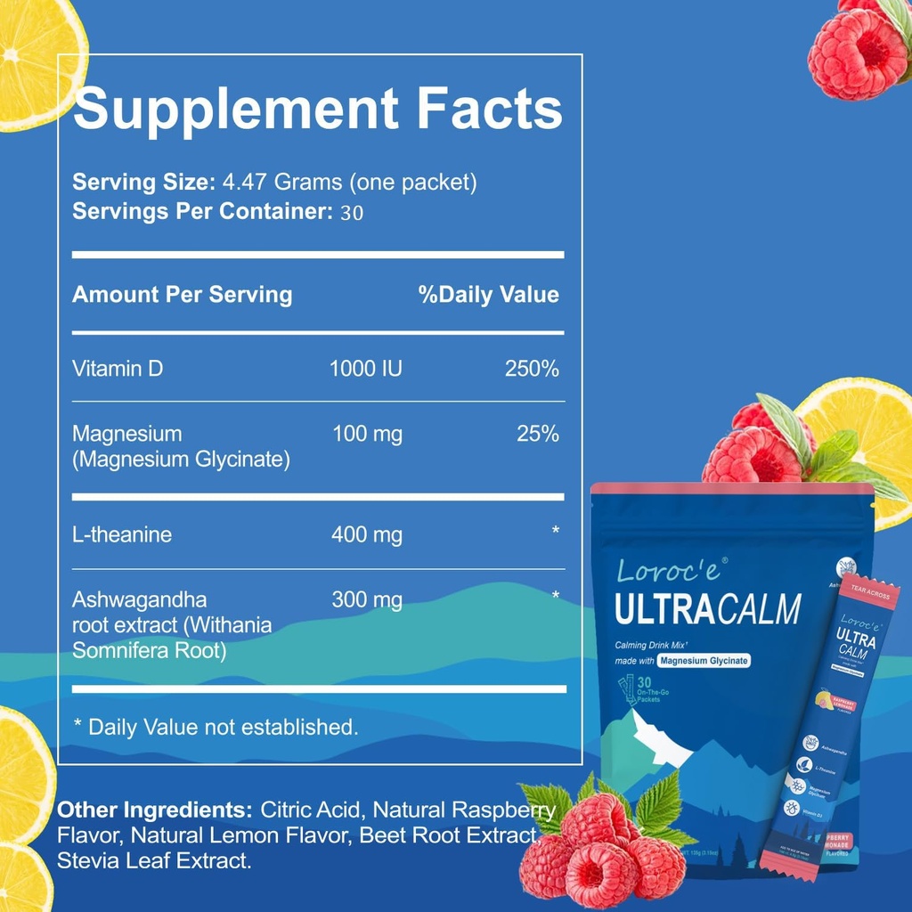 UltraCalm Super Cortisol Drink, Calm Magnesium Glycinate Powder (30 Servings), L-theanine, Ashwagandha, Vitamin D, No Sugar, Raspberry Lemonade Electrolytes Powder-1