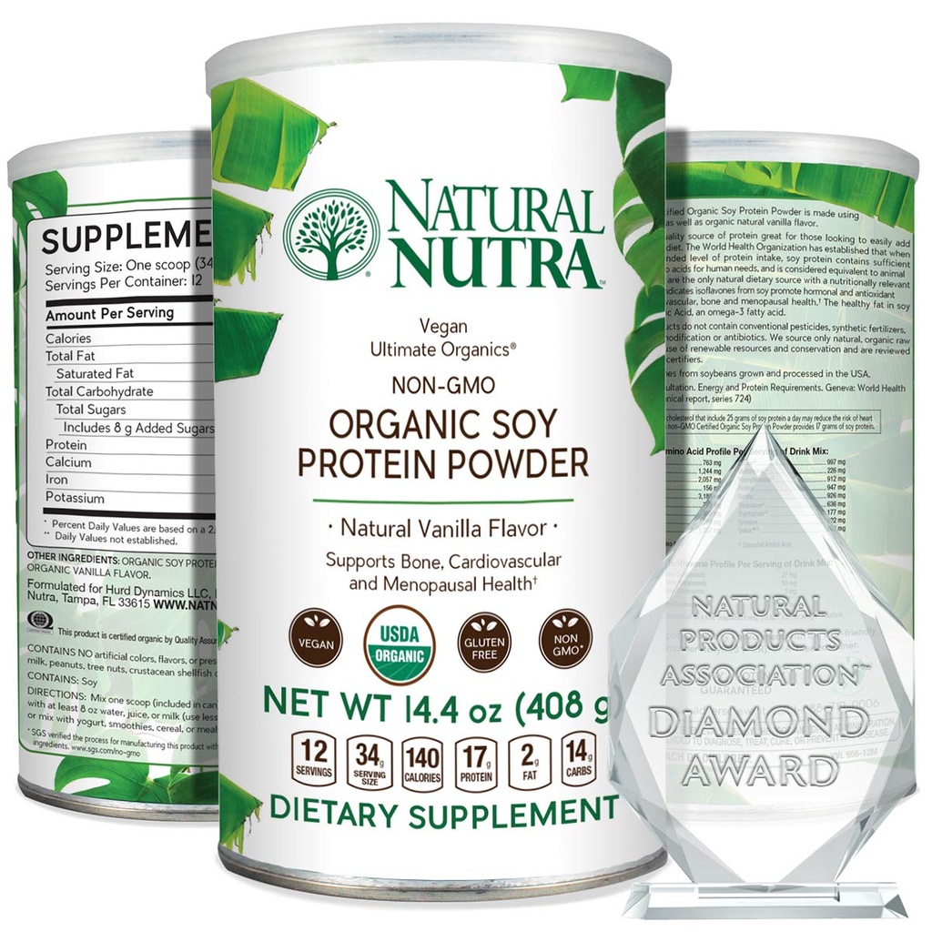 Source de protéines de soja biologique à base de plantes de Nutra naturel, soutenir la transition de la vie intermédiaire, soutient les os et améliore la santé cardiovasculaire, sans gluten, sans OGM, sans sucre 14,4 OZ.