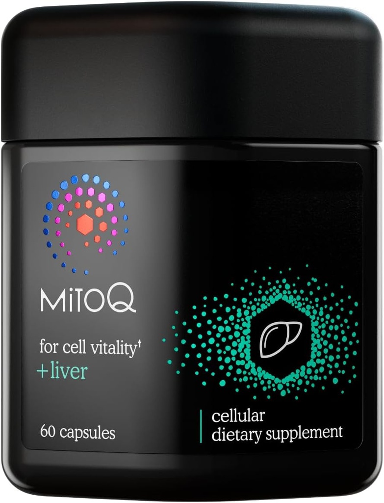 MitoQ +Liver Premium CoQ10 Antioxydant - Contient Mitoquinol Mésylate, Choline, Thistle de lait, Sélénium - Soutient le métabolisme, la santé du foie, le corps Détoxification naturelle et la vitalité cellulaire (60 capsules)