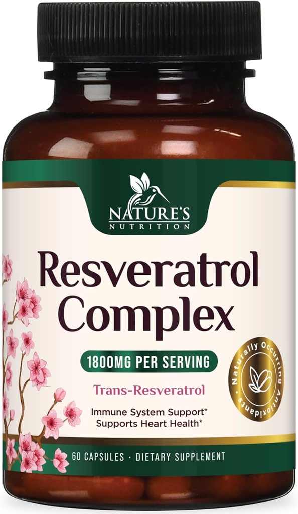 Supplément Resveratrol 1800mg - Antioxydants extra-forts pour le vieillissement en santé et le soutien immunitaire - Santé cardiaque et soutien énergétique cellulaire - Non-OGM, Biodisponible Trans-Resveratrol - 60 Capsules Vegan