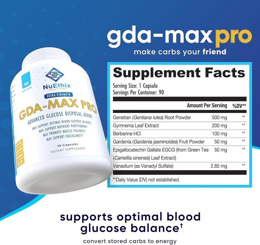 Formules NuEthix GDA-MAX PRO, Supplément double Berbine HCL, soutient le métabolisme du glucose, la gestion du poids, le soutien immunitaire, la santé cardiaque - Non OGM, sans gluten, sans lait, 90 Compte