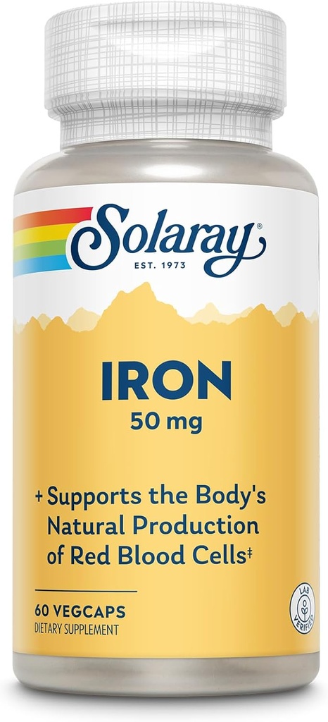 SOLARAY Capsules de fer 50mg - Supplément de fer pour les femmes et les hommes avec/parsley et racine à quai jaune, soutient la production naturelle de cellules de sang rouge du corps, garantie de 60 jours, 60 portions