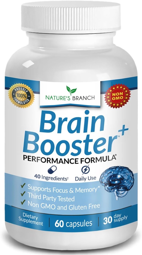 40-in-1 Brain Booster Supplement for Focus, Memory, Clarity, Energy | Advanced Vitamins Plus eBook | for Men & Women, Cognitive Function Nootropic Support with DMAE, Mind Health Formula | 60 Capsules