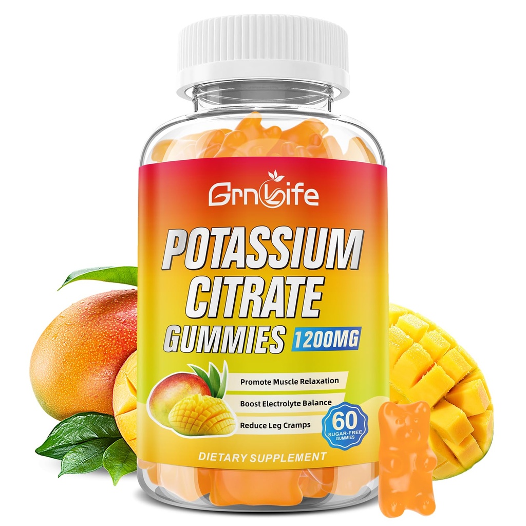 Citrate de potassium Gummies, supplément de potassium élevé Gummies 1200mg pour les adultes et les enfants, soutien des crampes de jambe et de la santé musculaire, végétalien, mango Flavor 60 Comte