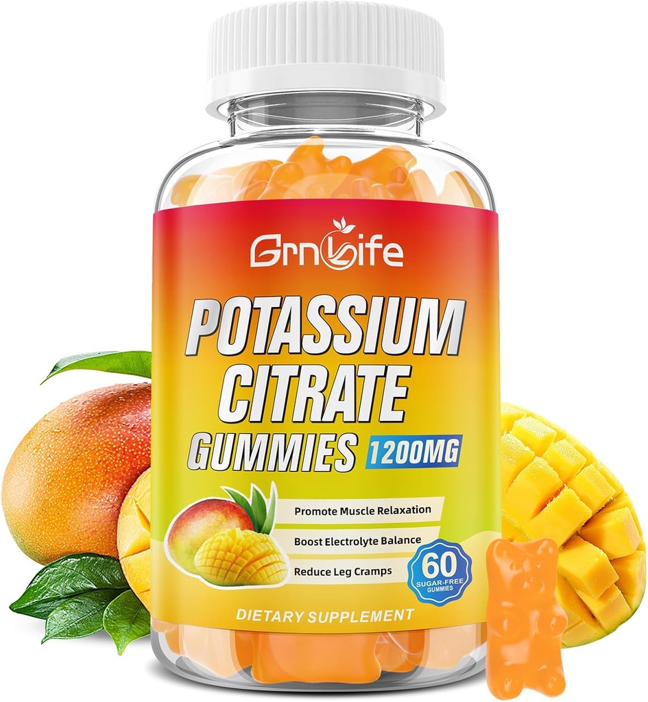 Citrate de potassium Gummies, supplément de potassium élevé Gummies 1200mg pour les adultes et les enfants, soutien des crampes de jambe et de la santé musculaire, végétalien, mango Flavor 60 Comte
