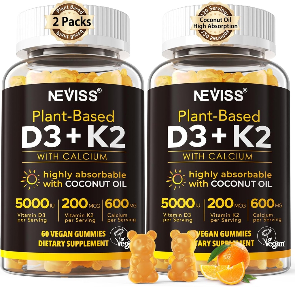 Vitamine D3 5000iu & K2( as MK7 ) 200mcg Gommies + 600mg Calcium, avec huile de noix de coco pour haute absorption, maximum de résistance Vitamine D3 K2 Supplément - Support pour les os musculaires Immune, Vegan 2Packs
