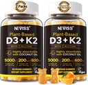 Vitamine D3 5000iu & K2( as MK7 ) 200mcg Gommies + 600mg Calcium, avec huile de noix de coco pour haute absorption, maximum de résistance Vitamine D3 K2 Supplément - Support pour les os musculaires Immune, Vegan 2Packs