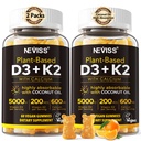Vitamine D3 5000iu & K2( as MK7 ) 200mcg Gommies + 600mg Calcium, avec huile de noix de coco pour haute absorption, maximum de résistance Vitamine D3 K2 Supplément - Support pour les os musculaires Immune, Vegan 2Packs