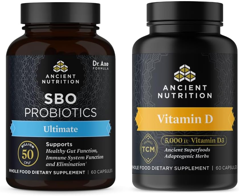 Ancient Nutrition SBO Probiotiques Capsules, Ultimate, 60 Compte + Capsules de vitamine D, 90 Compte