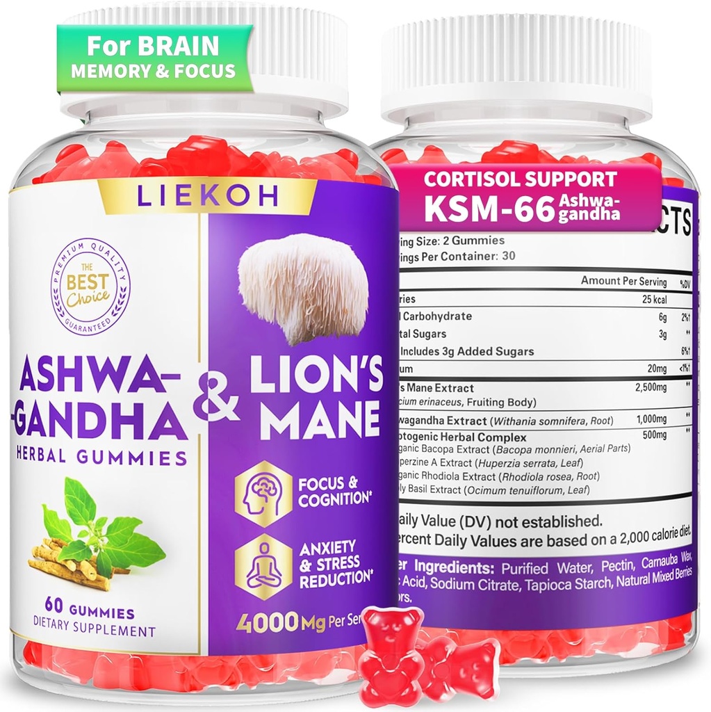 Ashwagandha Gummies - Organic Ashwagandha & Lions Mane Gummies pour adultes avec 4 herbes adaptogènes pour le stress, le soutien cognitif et immunitaire