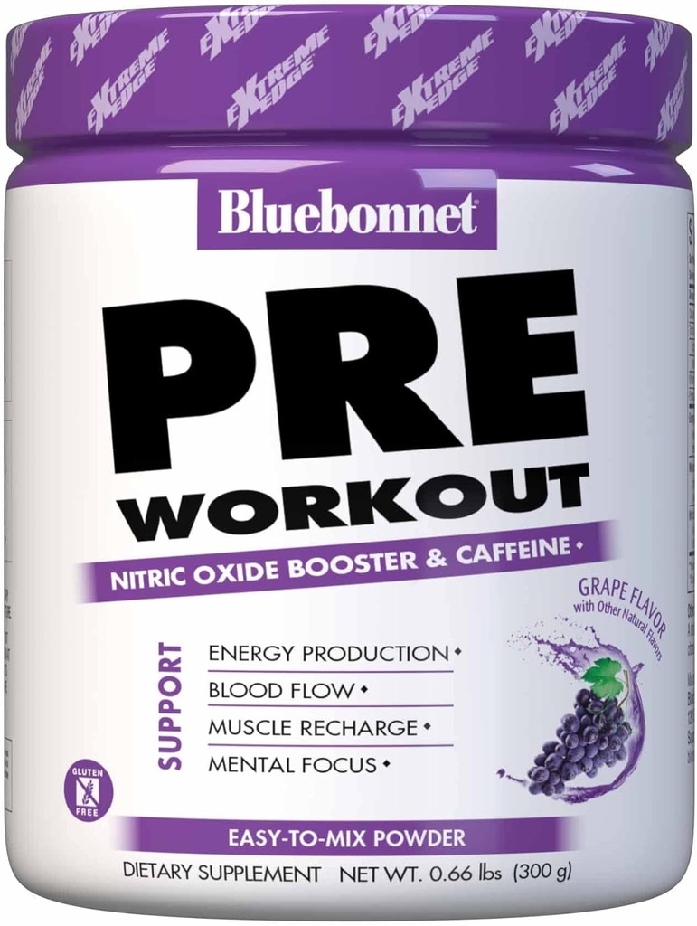 BlueBonnet Nutrition Extreme Edge Préentraînement, augmente les niveaux d'oxyde nitrique (NO)- 30 portions, arômes de raisin, 10.56 Oz