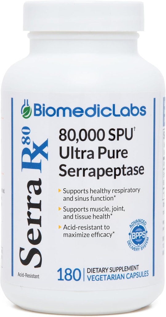 Serra-RX 80 000 SU Serrapeptase - Enzyme protéolytique systémique résistant à l'acide, non-OGM, sans gluten, végétalien, soutient la santé des sinus et des poumons, 180 capsules de veg