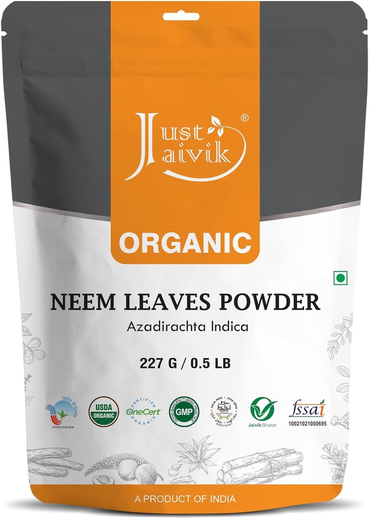 Just Jaivik 100% bio Feuilles de Neem Poudre - USDA certifié biologique, 227 GMS / 1/2 LB Pound / 08 Oz - Azadirachta Indica - Promouvoir des cheveux sains et une peau claire (une plante certifiée biologique USDA)