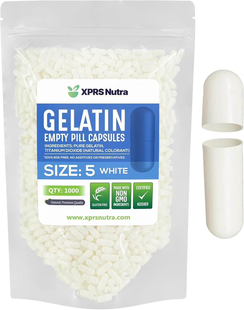 XPRS Nutra Taille 5 Capsules vides - 1000 Compte très petites Capsules de gélatine vides - Pills Bricolage Capsule Remplissage - Gel de pilules rechargeables pour Do-It-Youlf Suppléments de vitamines (Blanc)