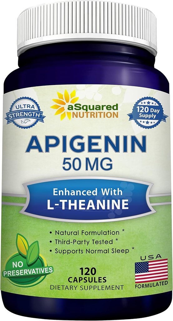 aSquared Nutrition Apigenin 50mg & L-Theanine 200mg - 120 Capsules - Apigenin Supplément pilules pour le sommeil et la détente - Extrait bioflavonoïde naturel trouvé dans le thé de la camomille
