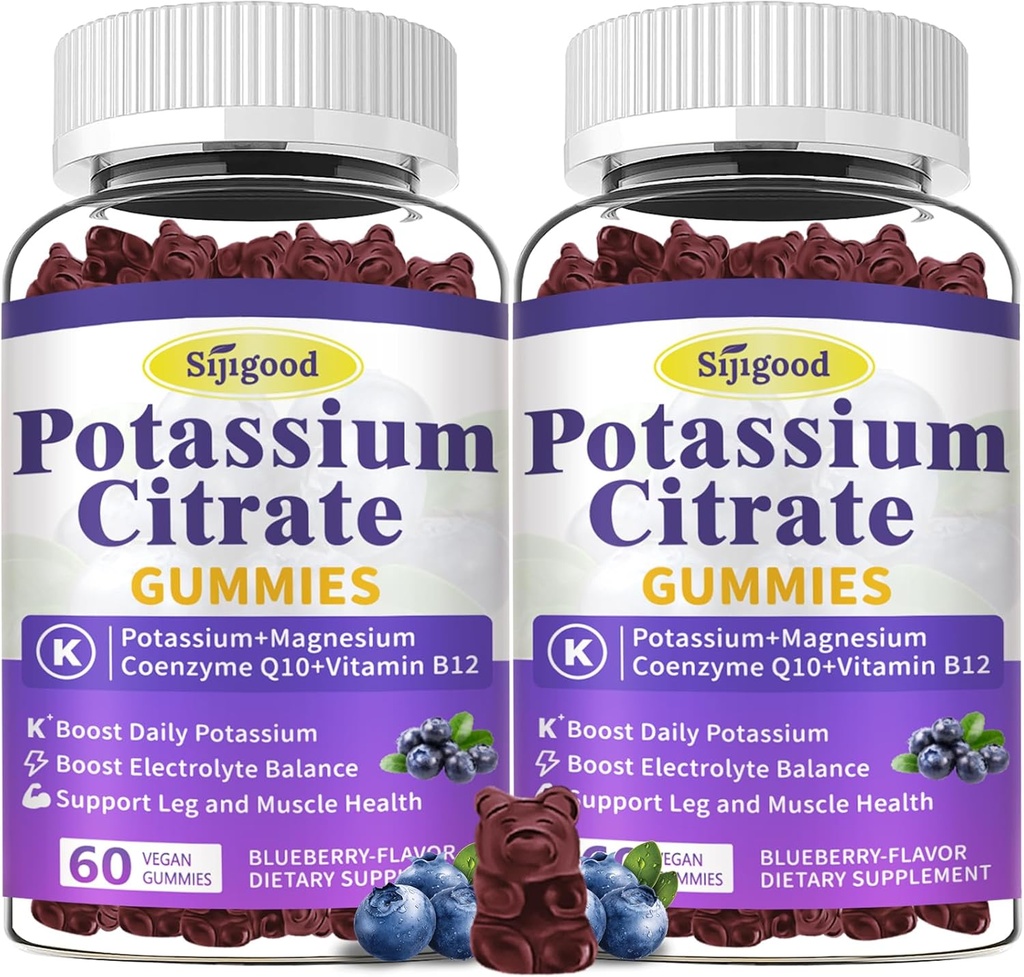 2 paquets de Gummées de Citrate de Potassium, Supplément de Potassium pour la santé musculaire, le soulagement des crampes des jambes et l'équilibre électrolytique, végétalien, non-OGM, sans gluten, saveur de bleuet, 120 comte