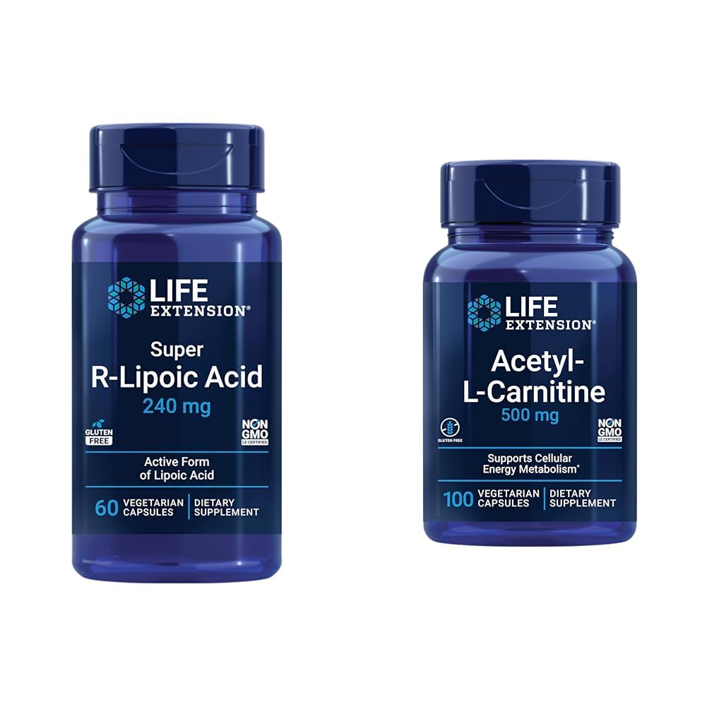Extension de vie Super Acide R-Lipoïque 240mg et Acétyl-L-Carnitine 100 Capsules - Énergie cellulaire et santé cérébrale