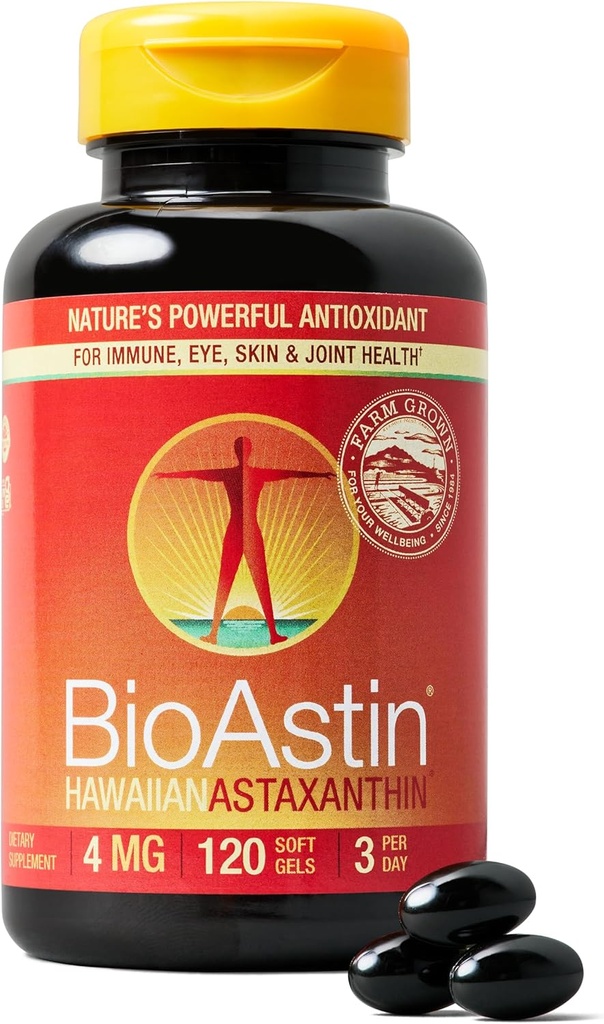 Nutrex Hawaï BioAstin Hawaiian Astaxanthin - 4mg, 120 Softgels - Supplément antioxydant de qualité supérieure Farm-Direct pour soutenir la santé des yeux, de la peau, des articulations et du système immunitaire - sans OGM et sans gluten