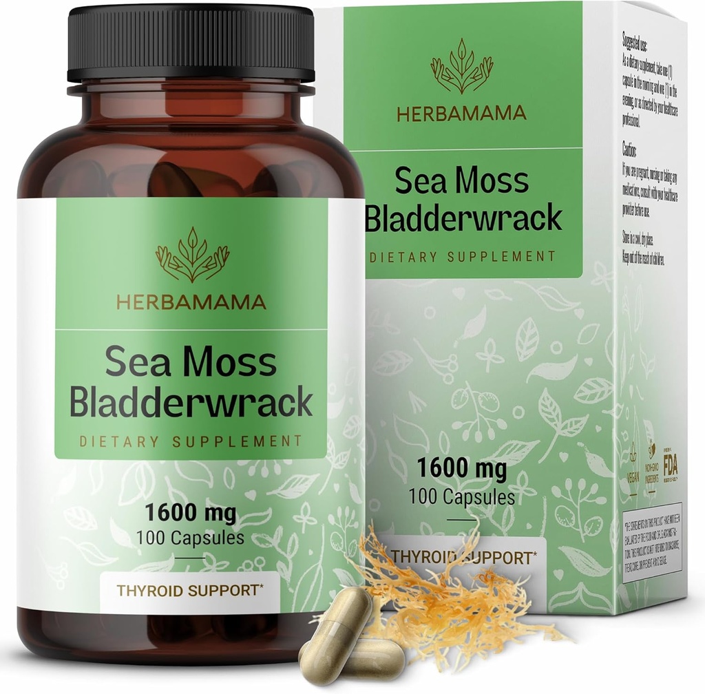 HERBAMAMA Sea Moss and Bladderwrack Capsules - 1600mg Irish Sea Moss for Immune Support - Vegan, Non-GMO Immunity Supplement for Overall Support