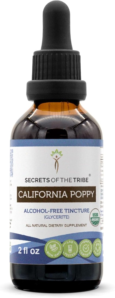 Secrets de la tribu Californie Teinture Poppy Extrait liquide sans alcool, USDA Bio Californie Poppy (Eschscholzia Californica) Racine séchée (2 FL OZ)