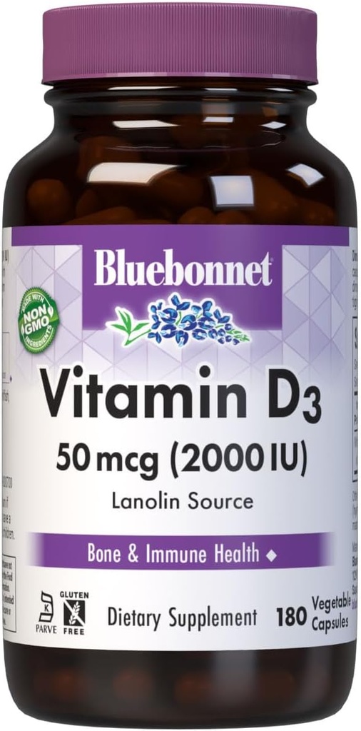 Bluebonnet Nutrition Vitamine D3 2000 UI Capsule végétale, Aide à la croissance musculaire et squelettique, Cholecalciferol de Lanoline, D3, Non OGM, Sans gluten, Sans soja, Sans lait, Casher, 180 Capsule végétale