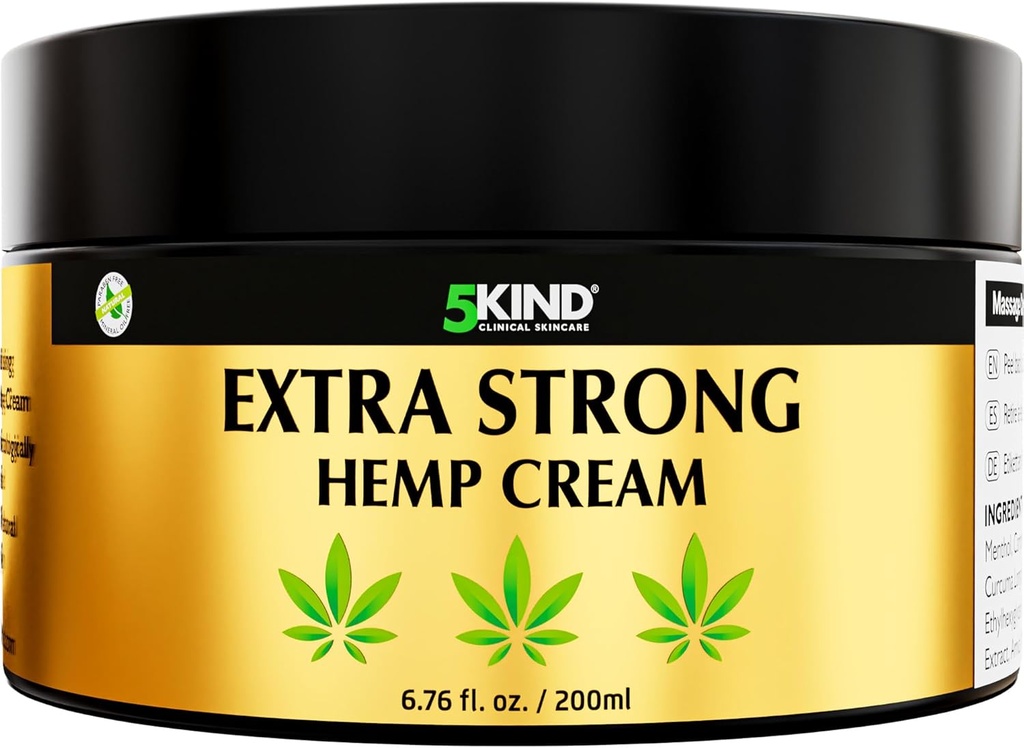Crème de chanvre 5kind extra forte 6,76 fl oz- Force maximale - Crème d'articulation de soulagement naturel - Rubule musculaire pour le bas du dos, les articulations, le cou, les genoux et les épaules