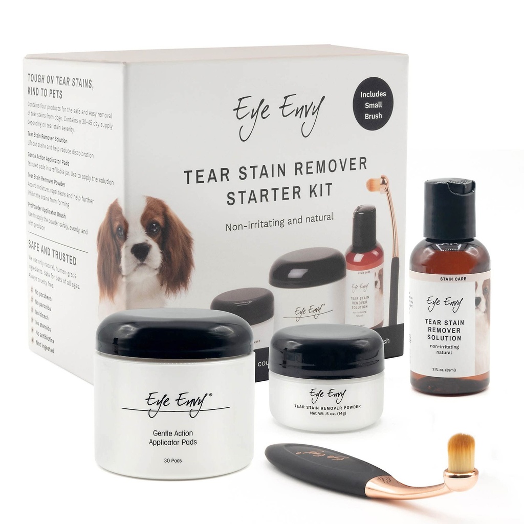 Eye Envy Dog Tear Stain Remover Kit de démarrage avec ProPowder Pinceau Solution de tache, tampons d'applicateur, poudre de tache et petit applicateur Brush