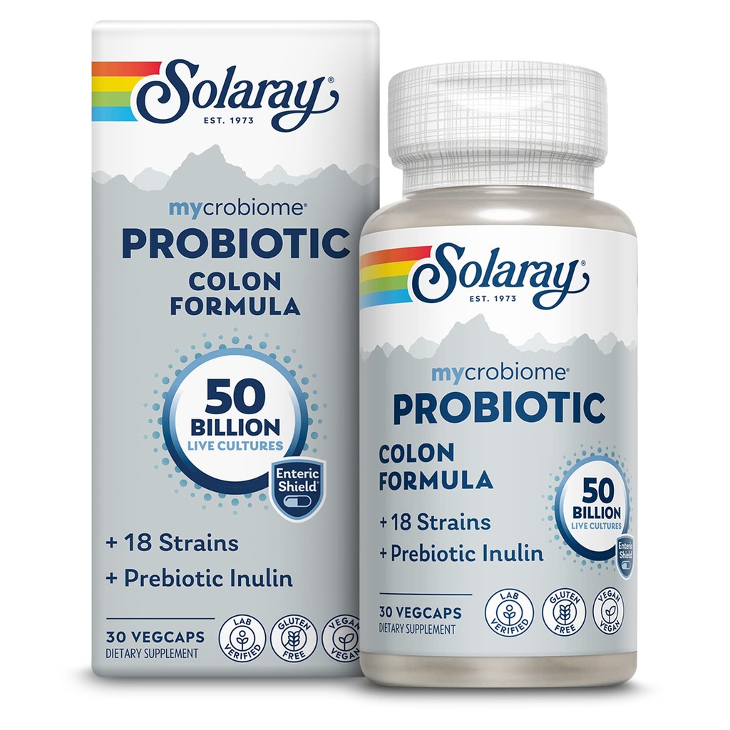 SOLARAY Mycrobiome Probiotic Colon Formula, Vegan, Digestive Function, Colon Health, and Immuni System Support, 50 Million CFU, 18 souches, Inuline prébiotique, garantie de 60 jours, 30 portions, 30 VegCaps