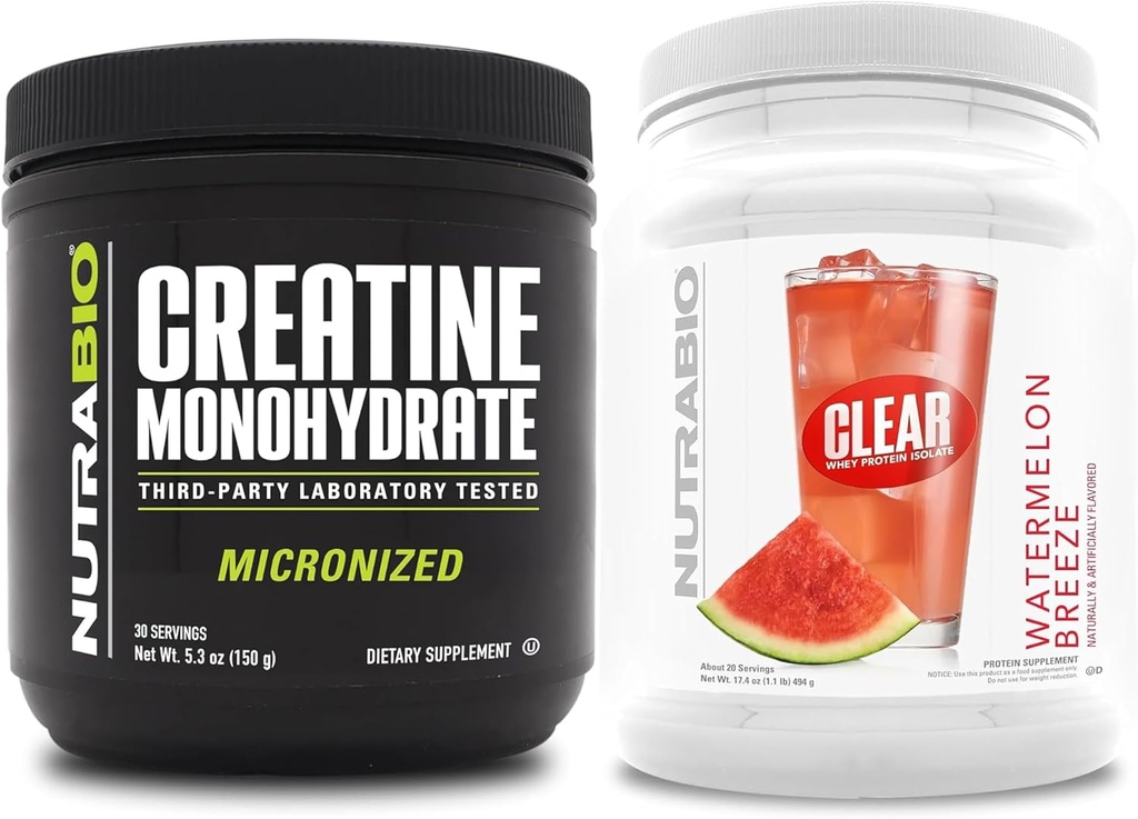 NutraBio Creatine Monohydrate, non aromatisé, (150 g) et Isolate de protéines de lactosérum clair, (Watemelon Breeze) Supplement Bundle – Énergie musculaire, croissance maximale, récupération et force