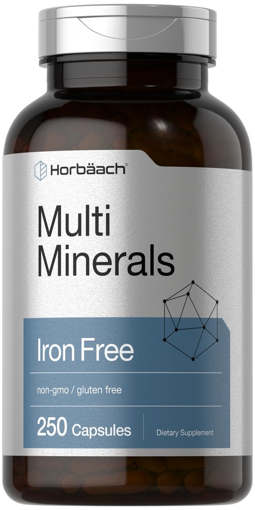Horbäach Multi Minerals Supplément de 250 capsules sans fer Complexe minéral quotidien pour hommes et femmes